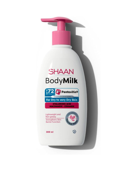 Shaan BodyMilk bottle with pink pump on a white background