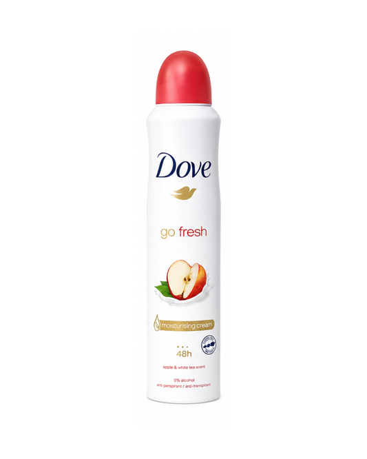 Dove go fresh deodorant spray with a red cap on a white background