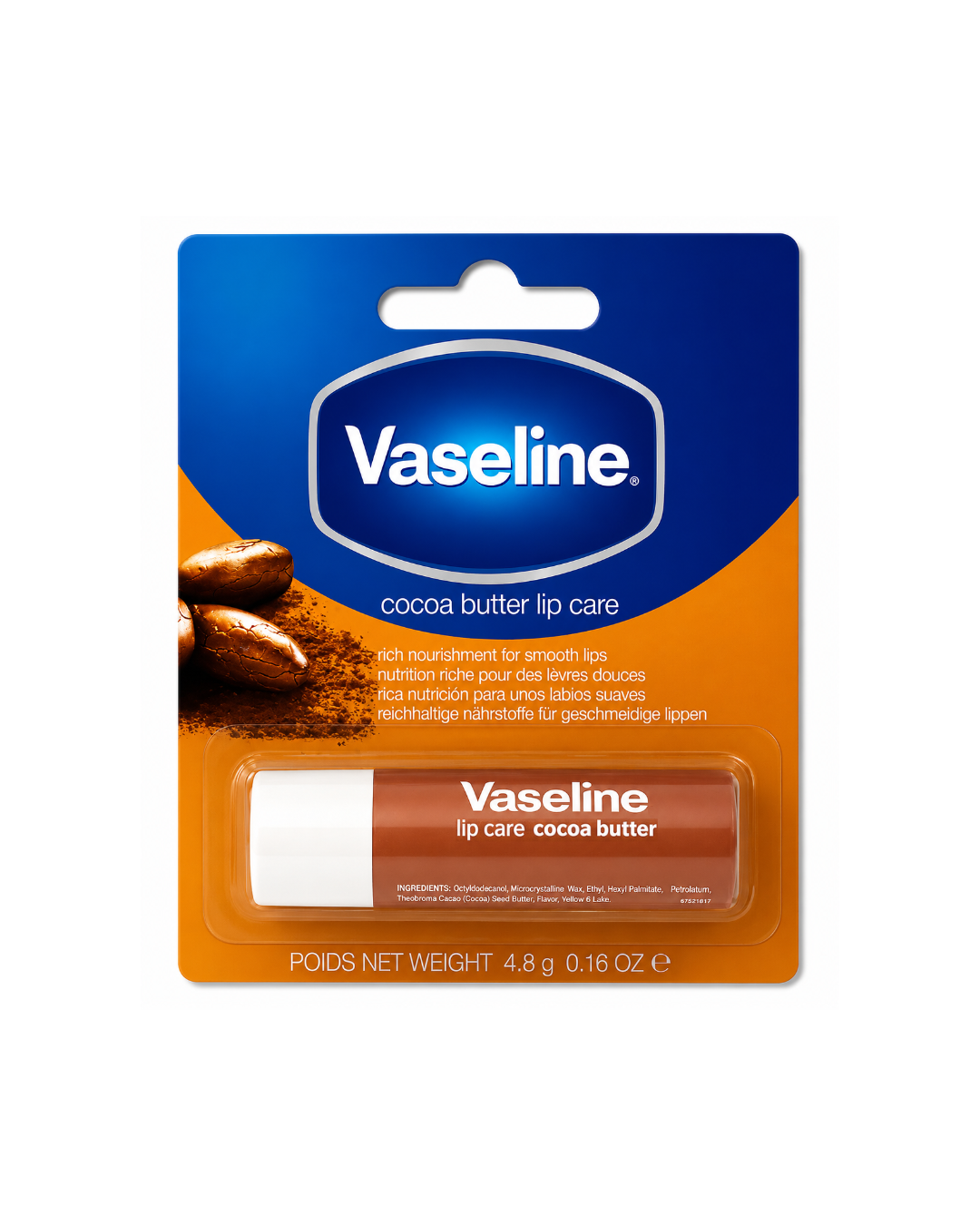 Vaseline Cocoa Butter lip care in a 4.8 g tube, packaged on a blue and orange hanging blister card.
