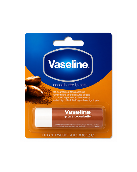 Vaseline Cocoa Butter lip care in a 4.8 g tube, packaged on a blue and orange hanging blister card.