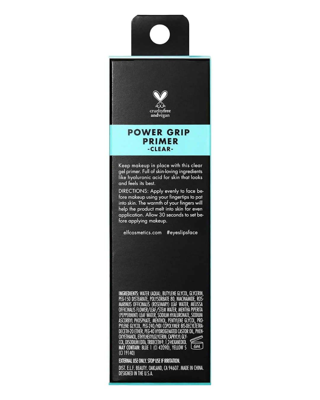 A tall black rectangular product box for eyeshadow primers, featuring a bright turquoise band with the text 'POWER GRIP PRIMER -CLEAR:' and product details below on a white background.