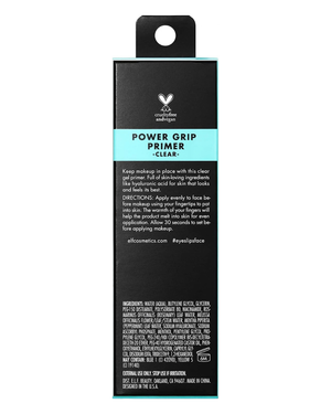 A tall black rectangular product box for eyeshadow primers, featuring a bright turquoise band with the text 'POWER GRIP PRIMER -CLEAR:' and product details below on a white background.