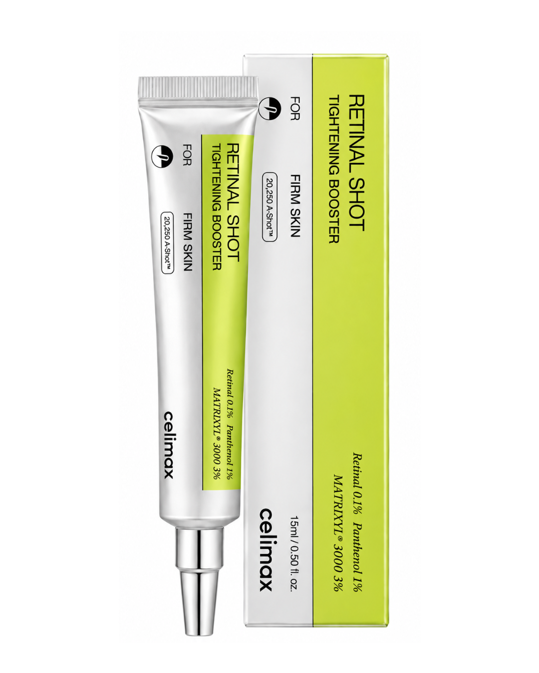 Celimax The Vita-A Retinal Shot Tightening Booster 15 ml retinal serum with packaging on white background