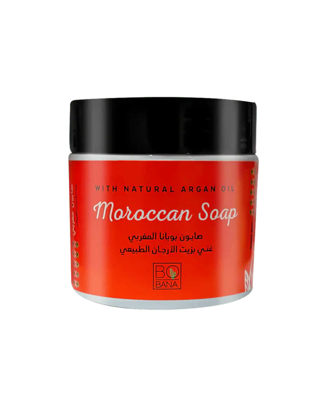 A jar of PO BANA Moroccan Soap with natural argan oil, featuring a vibrant red label and a black lid, set against a plain white background.