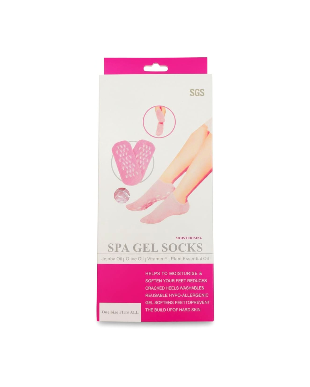 Packaging of Spa Gel Socks with pink and white design on a white background