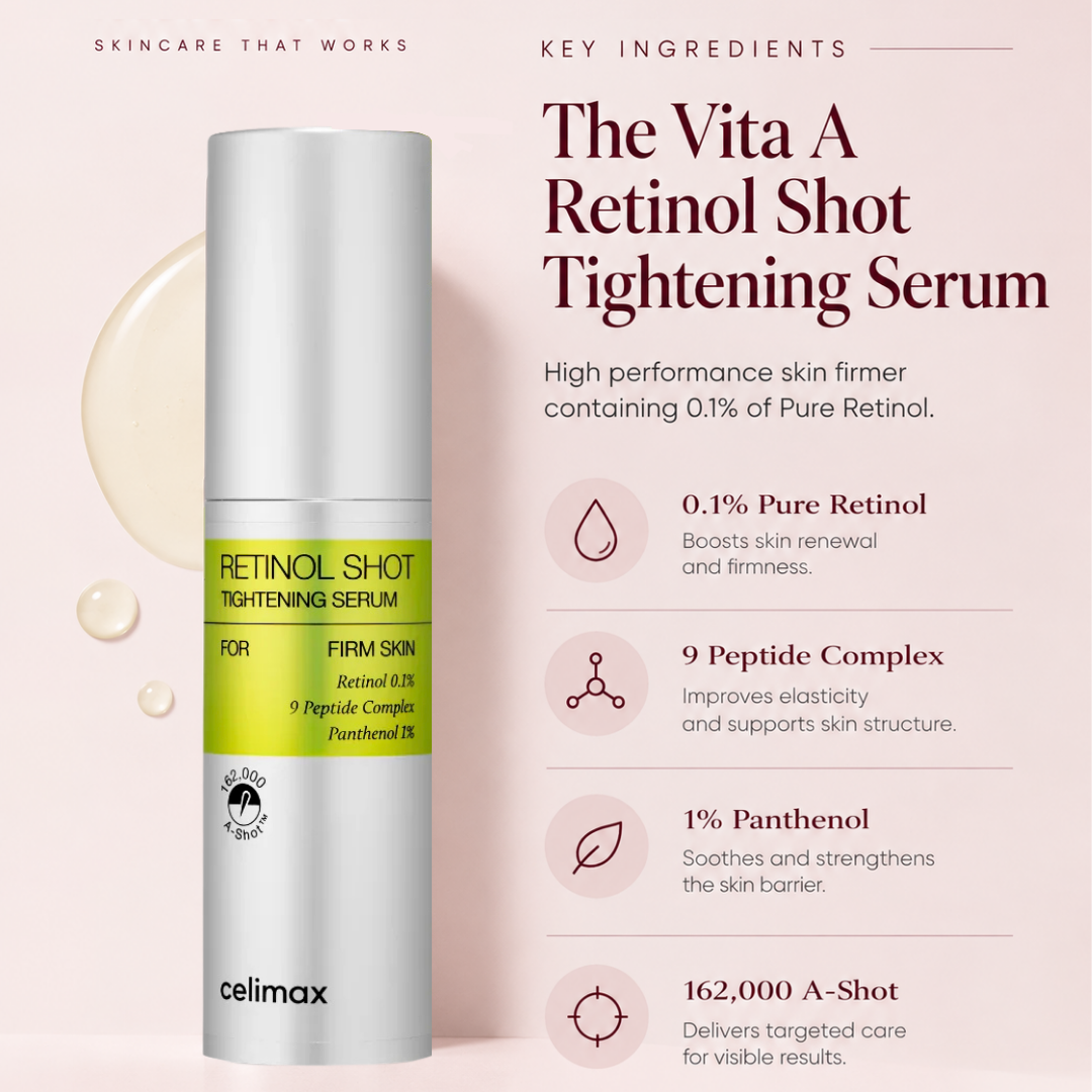 Benefits ingredients poster of Celimax The Vita A Retinol Shot Tightening Serum 30 ml retinol serum.