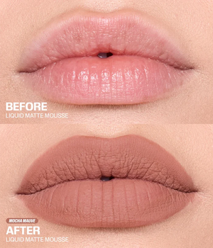 Before and after comparison of liquid matte mousse lip color on a model's lips, showing a light pink 'before' look and a muted mocha mauve 'after' look with text labels.