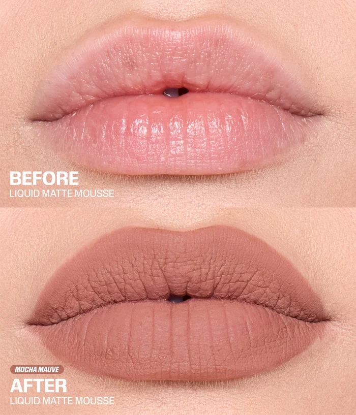 Before and after comparison of liquid matte mousse lip color on a model's lips, showing a light pink 'before' look and a muted mocha mauve 'after' look with text labels.