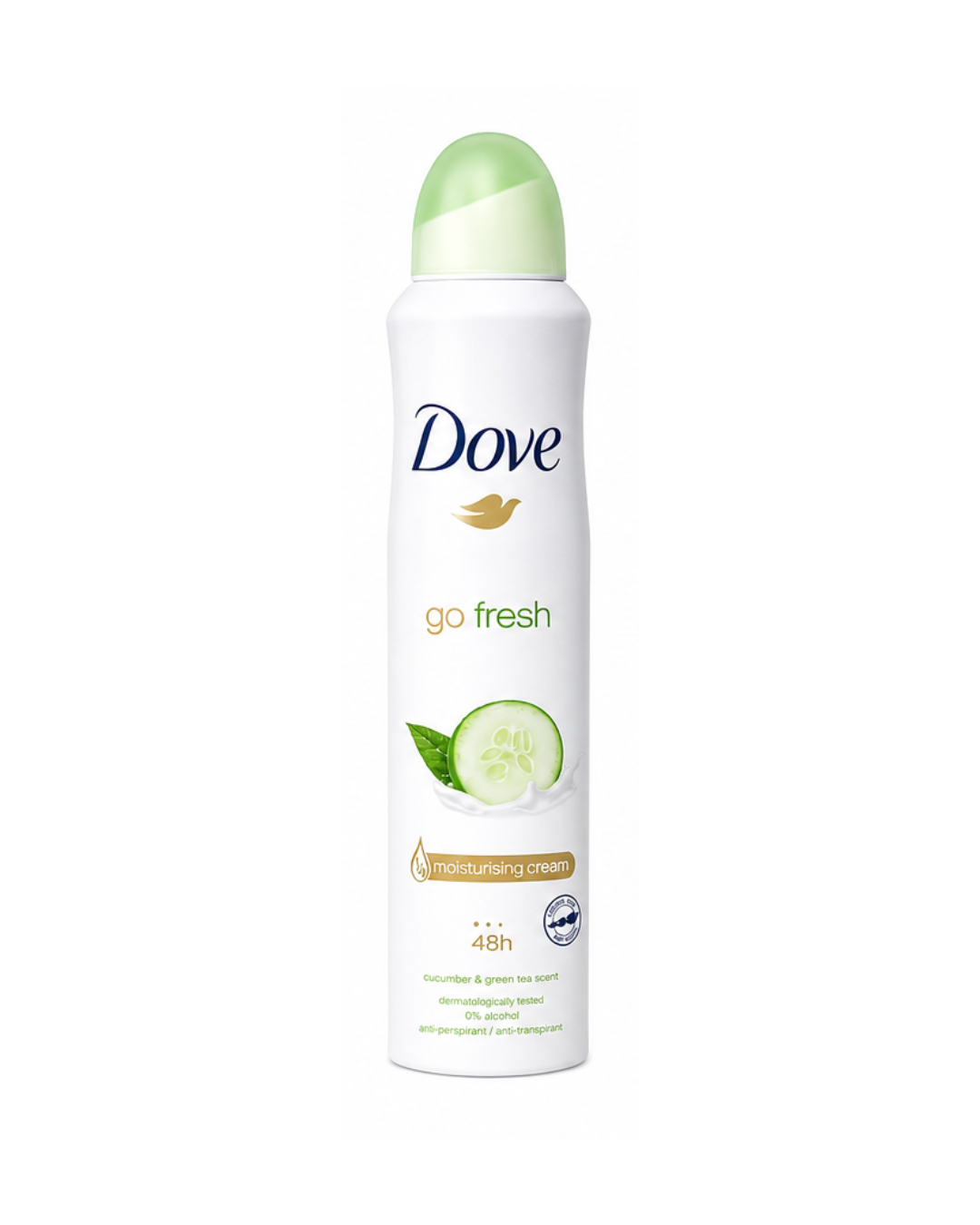Dove go fresh cucumber and green tea deodorant spray on a white background
