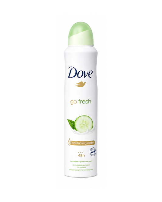 Dove go fresh cucumber and green tea deodorant spray on a white background
