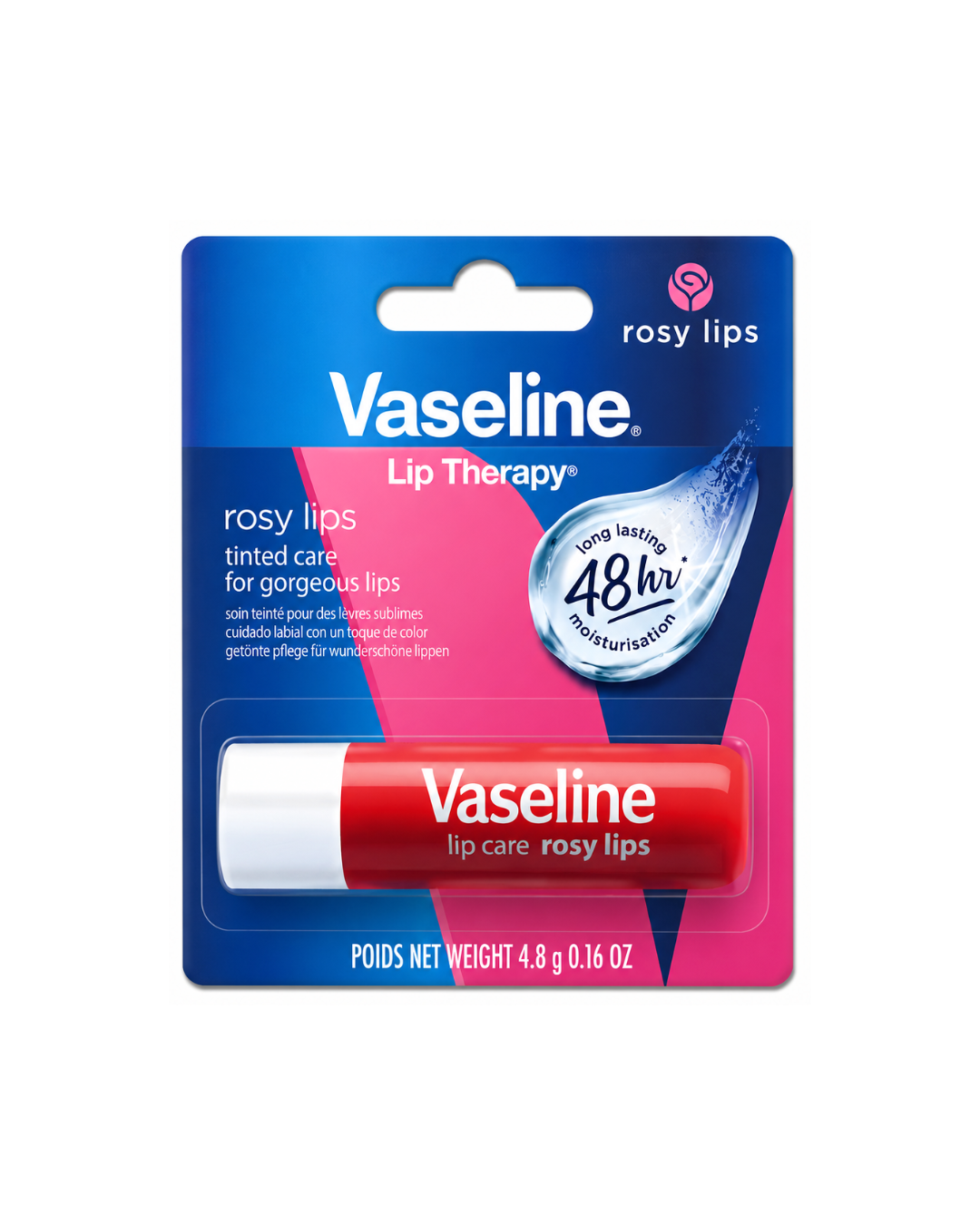Vaseline Rosy Lips Lip Therapy lip balm in its original blue and pink blister card packaging, featuring the red and white balm tube.