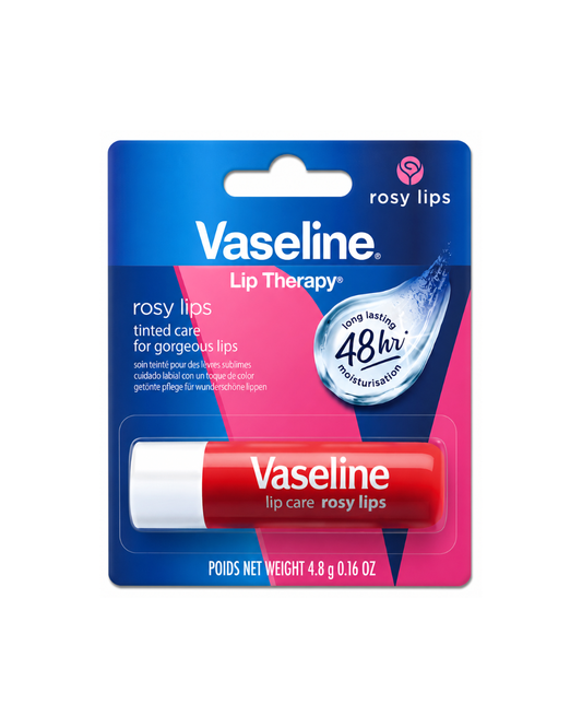 Vaseline Rosy Lips Lip Therapy lip balm in its original blue and pink blister card packaging, featuring the red and white balm tube.