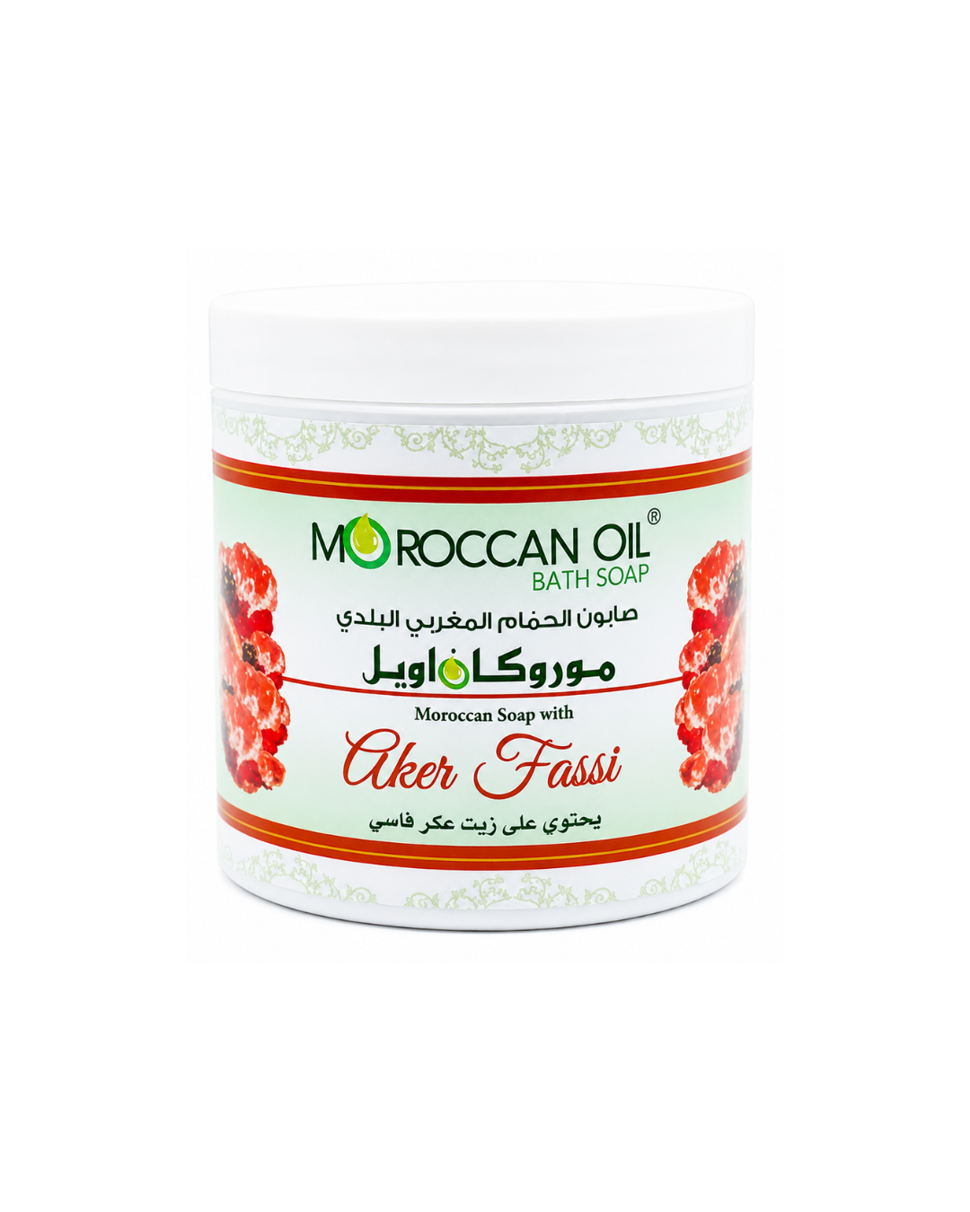 A white plastic jar of Moroccan Oil Bath Soap with a white label featuring red and green text and illustrations of red flowers, labeled 'Aker Fassi'.