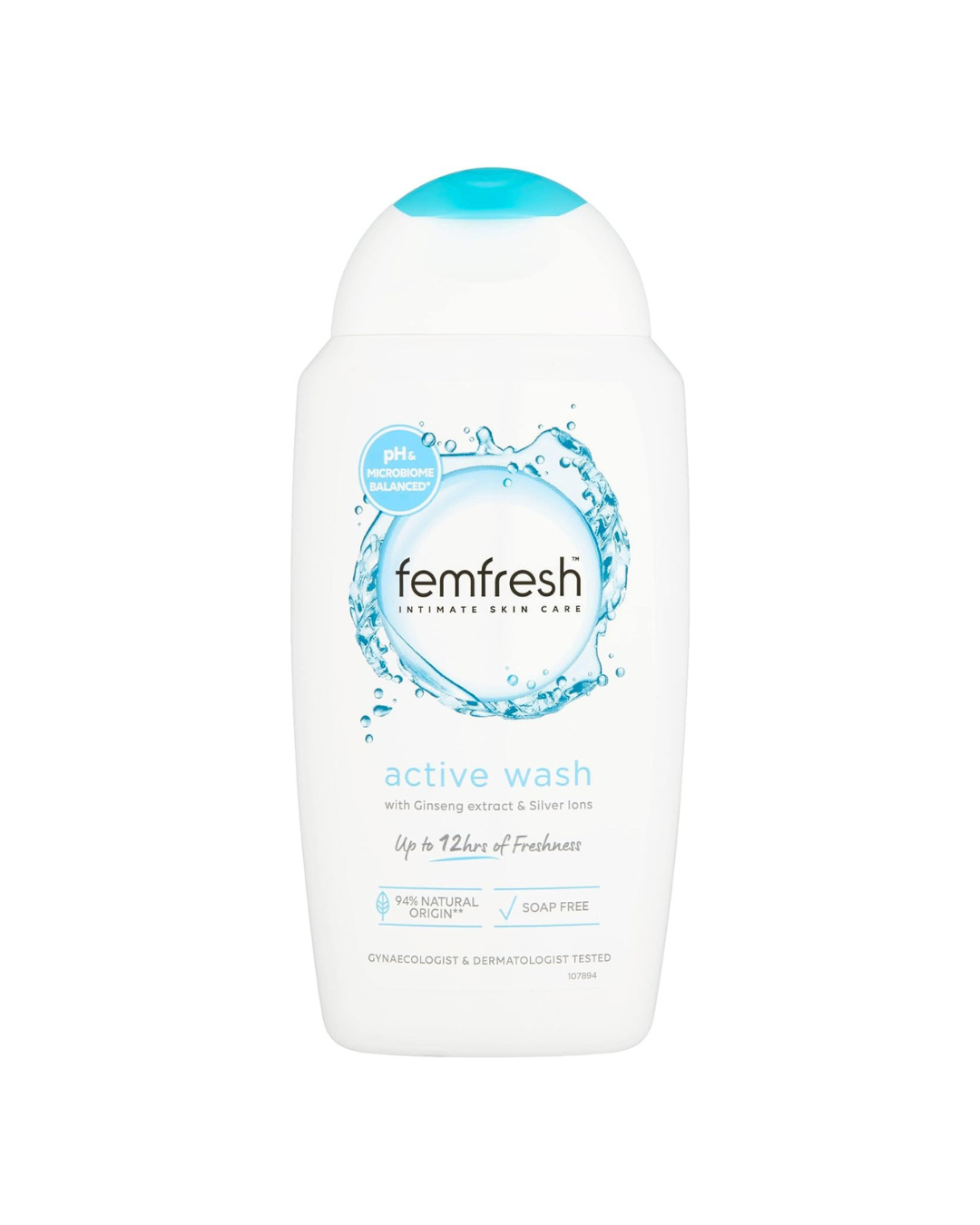 Femfresh active wash bottle on a white background