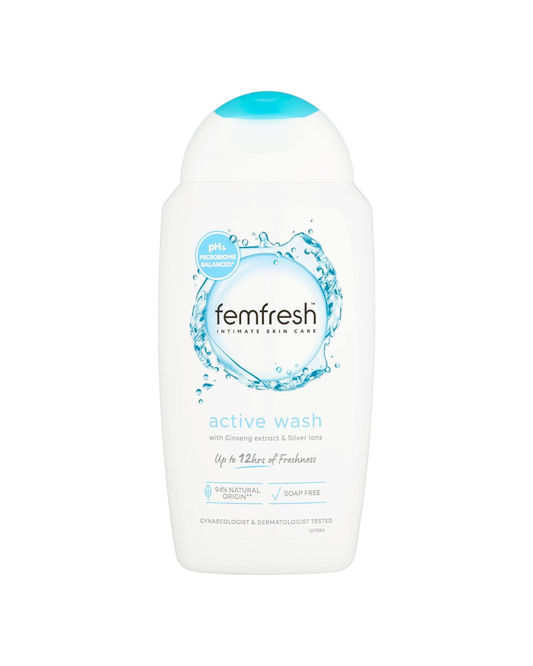 Femfresh active wash bottle on a white background