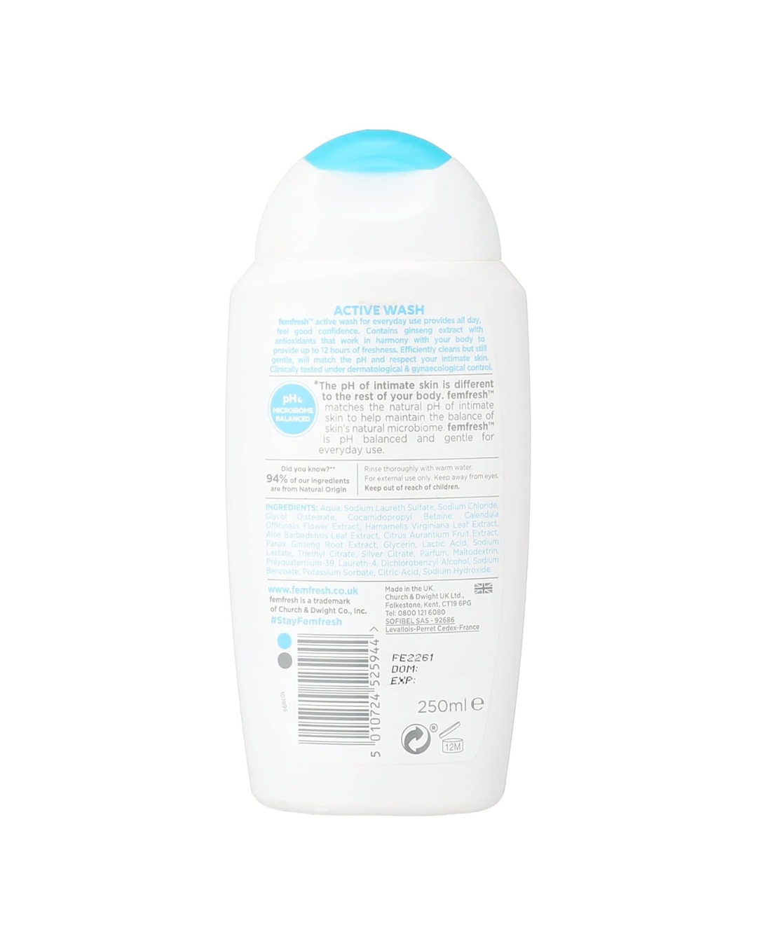 Back view of a white bottle with blue cap and text on a white background