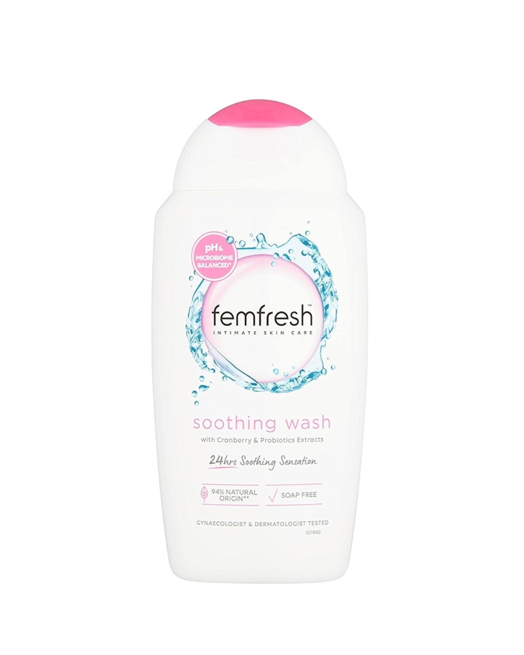 Femfresh soothing wash bottle on a white background