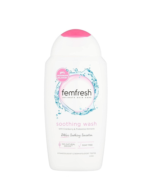 Femfresh soothing wash bottle on a white background