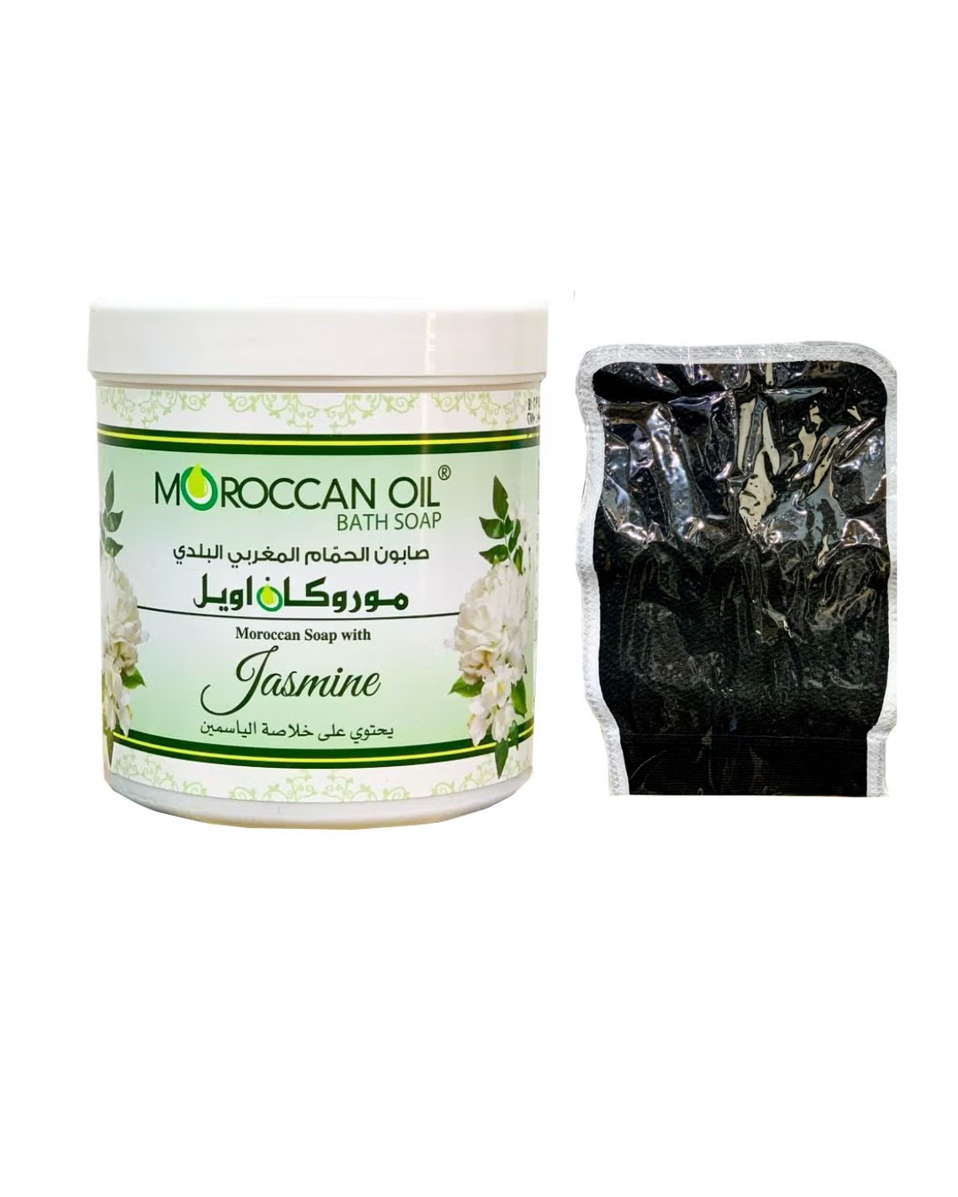 Moroccan Oil bath soap jar with jasmine fragrance on a white background with a loofah