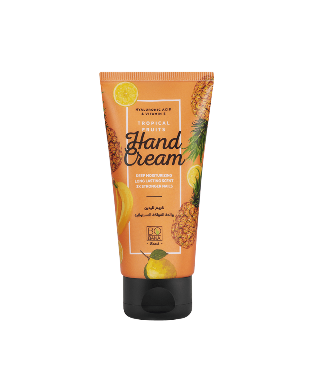 Orange Tropical fruit hand cream tube with pineapple and lemon design on an white background