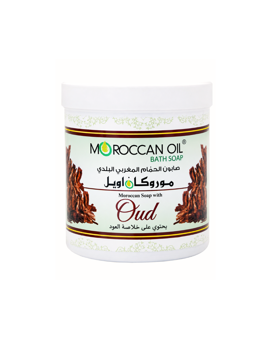 A white plastic tub of Moroccan Oil Bath Soap, variety 'Oud', featuring a white label with green and brown text and illustrations of dark brown oud wood.