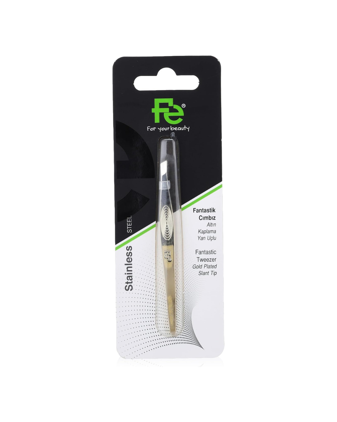 Eyebrow tweezer in packaging with visible branding on a white background