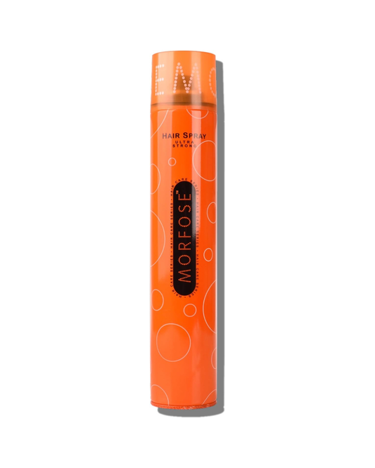 Orange hair spray bottle with 'MORESE' branding on a white background