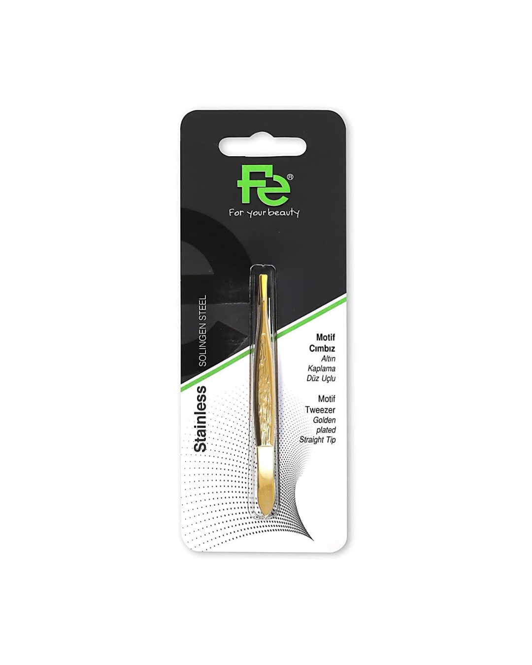 Gold-colored tweezers on a black and green packaging with 'FE' branding.