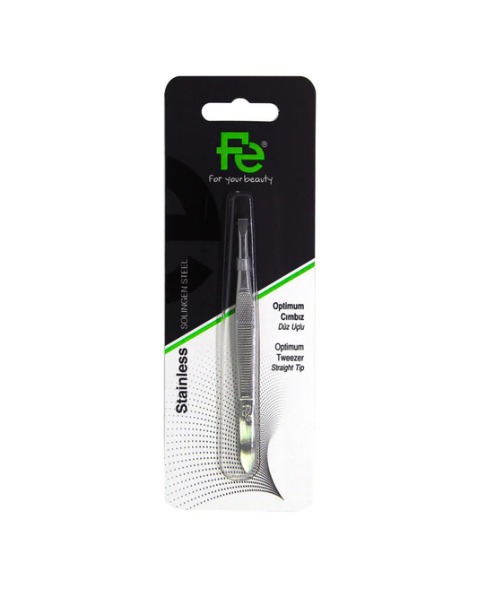 Packaged straight-tipped tweezers with fe brand logo on a white background