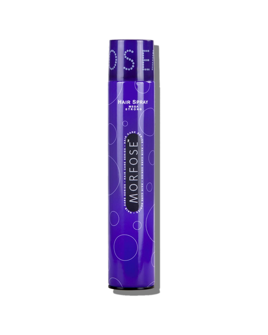 Purple hair spray can with 'MOREOSE' branding on a white background