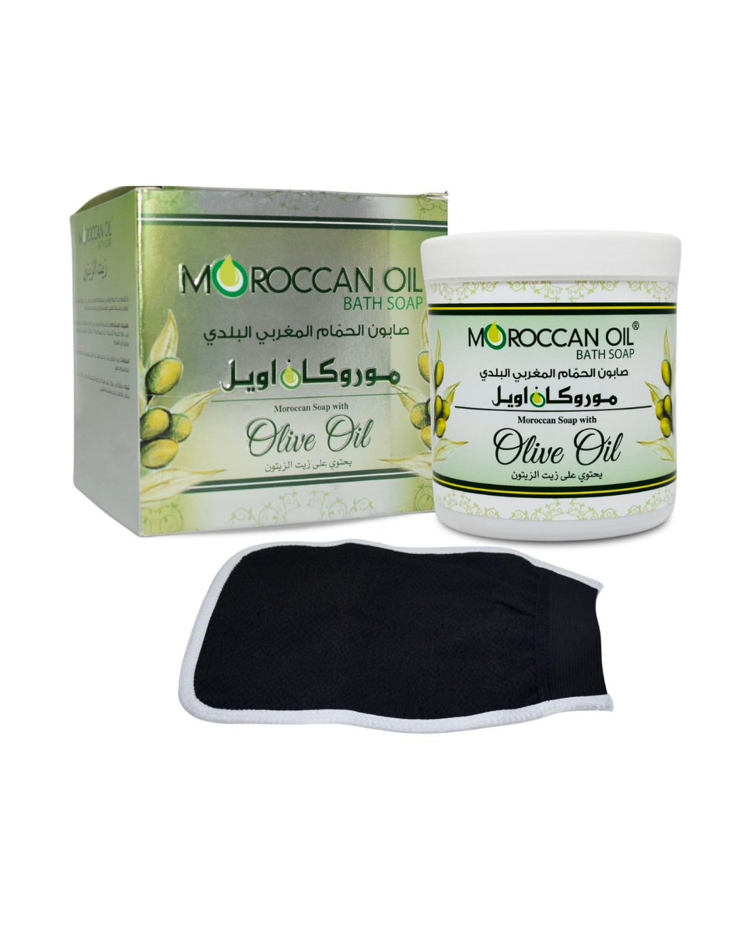 Moroccan Oil jar  Bath Soap with Olive Oil and packaging with loofah on a white background