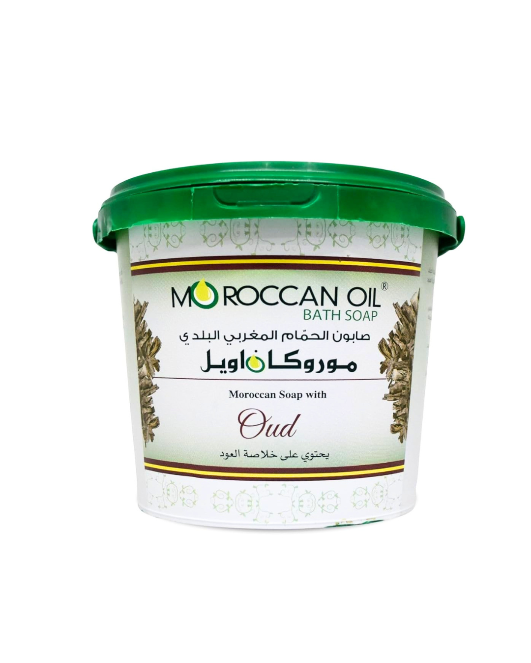 A plastic tub of Moroccan Oil Bath Soap in the 'Oud' scent, featuring a green lid and a white label with green and gold accents.