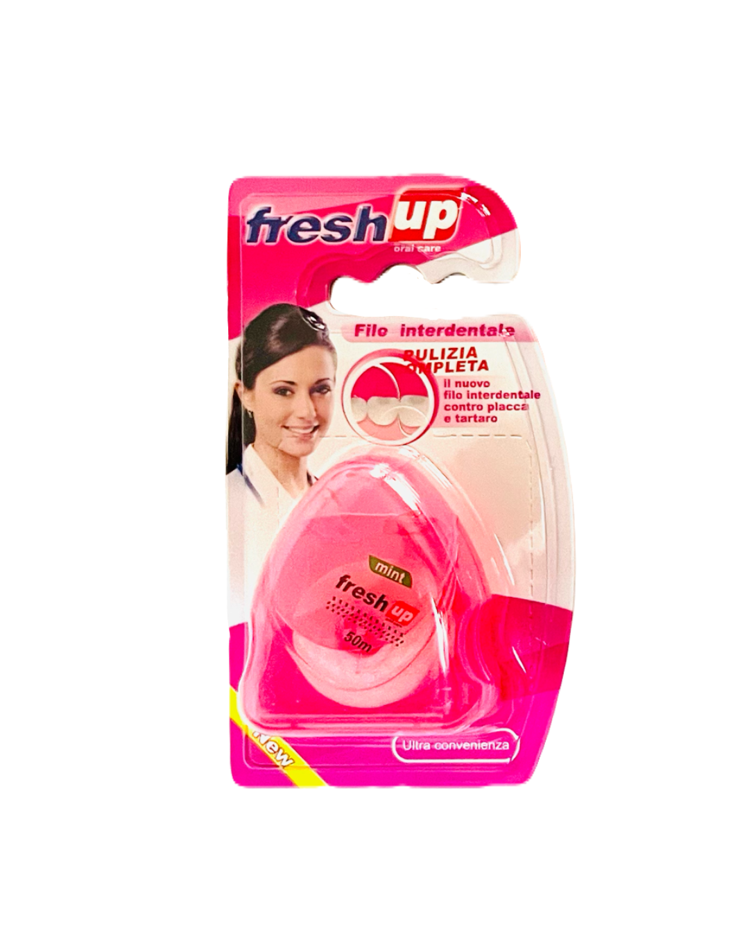 Pink dental floss package with a woman's face on the label against a white background
