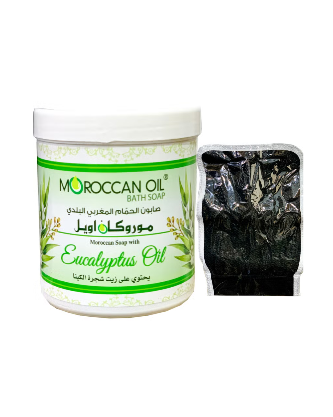 Moroccan Oil bath soap container with green label with loofah on a white background