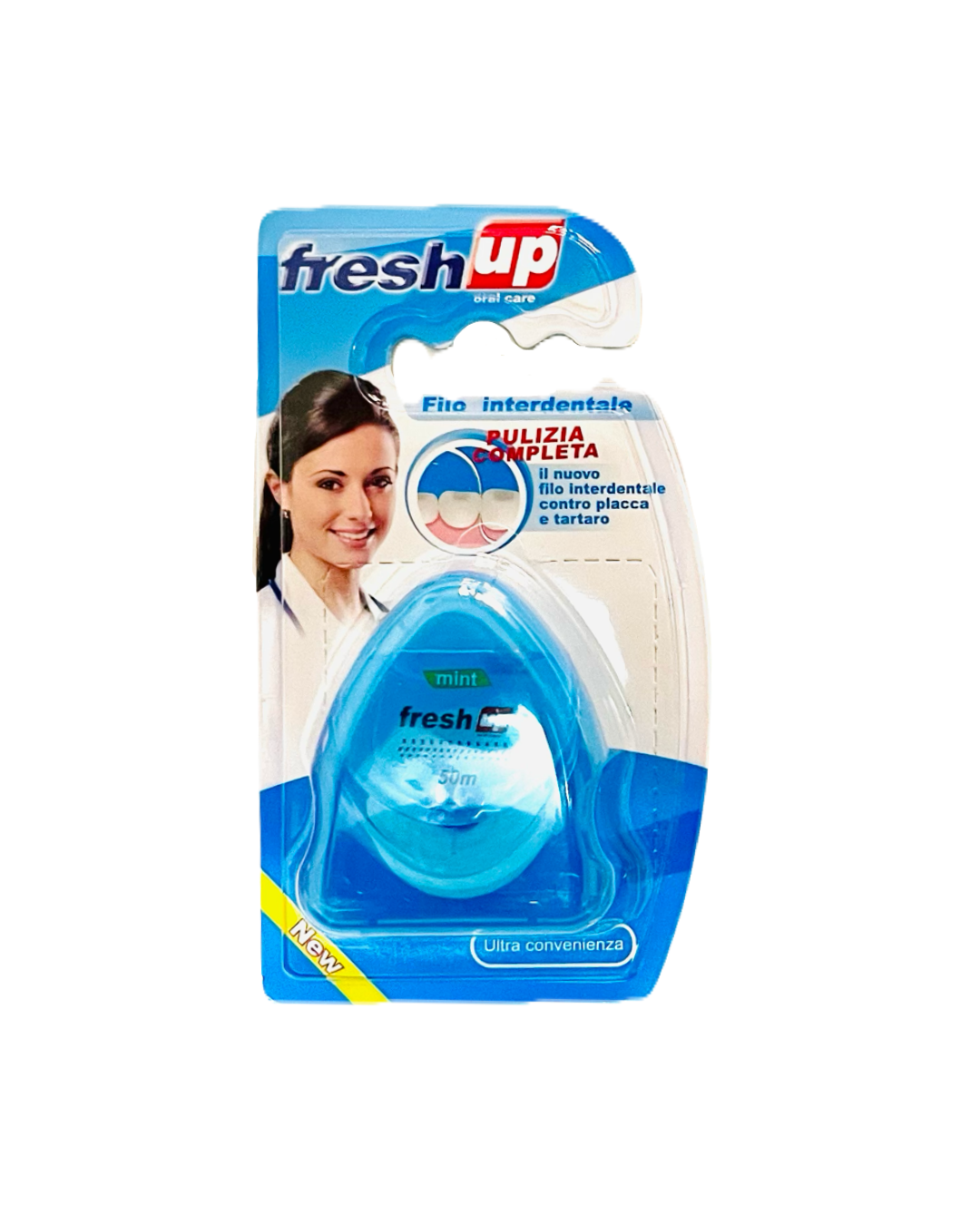 Packaged dental floss with 'fresh up' branding on a white background