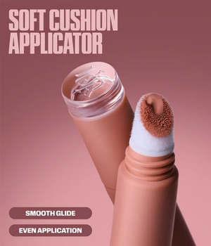 Soft cushion applicator makeup sponge tip shown in close-up on a pink gradient background, with text reading 'SOFT CUSHION APPLICATOR' and 'SMOOTH GLIDE' and 'EVEN APPLICATION'.