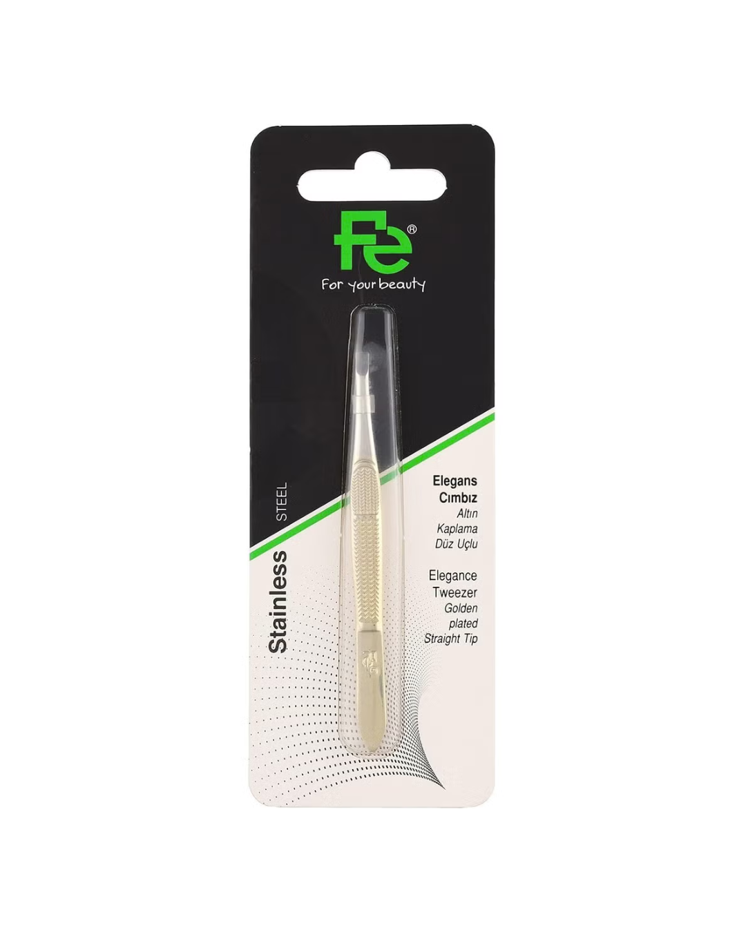 Packaged tweezers with a visible brand logo on a white background