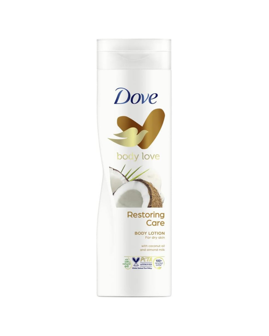 Dove body lotion bottle with coconut imagery on a white background
