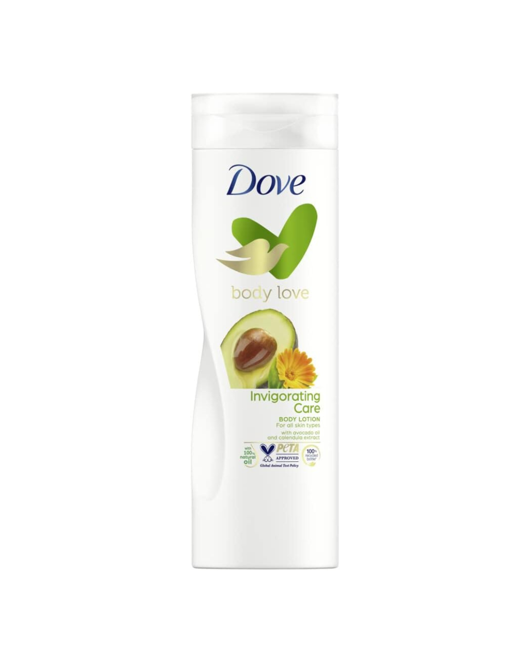 Dove body lotion with avocado and calendula on a white background