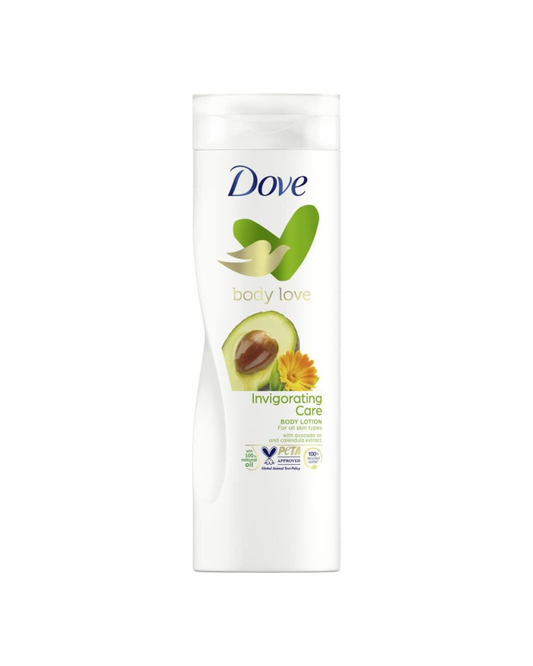 Dove body lotion with avocado and calendula on a white background