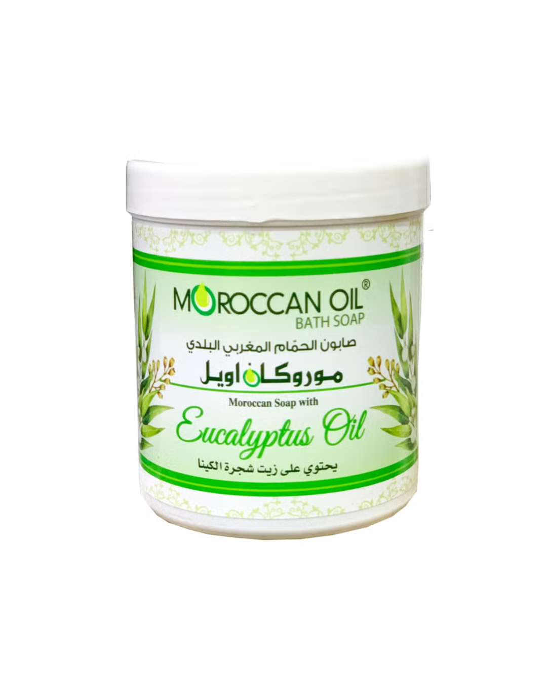 A white plastic jar of Moroccan Oil Bath Soap with a white lid, featuring a green and white label with illustrations of eucalyptus leaves and text including 'Moroccan Soap with Eucalyptus Oil'.