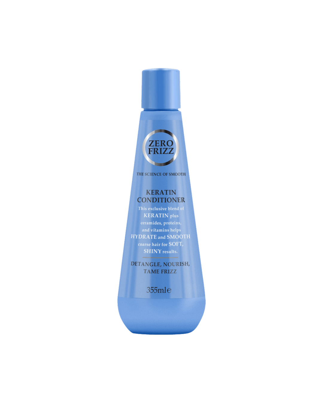 Blue bottle of Zero Frizz Keratin Conditioner on a white background