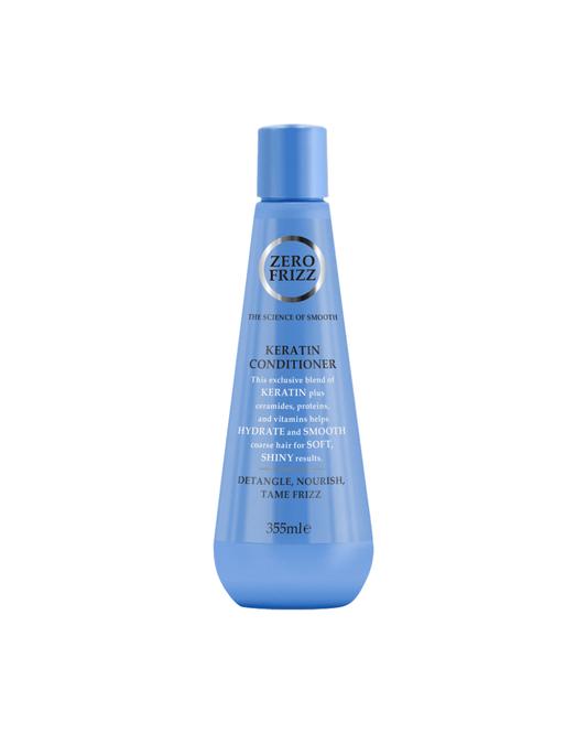 Blue bottle of Zero Frizz Keratin Conditioner on a white background