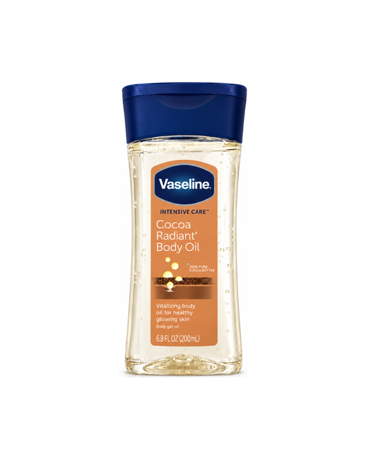 Vaseline Cocoa Radiant Body Oil bottle on a white background 