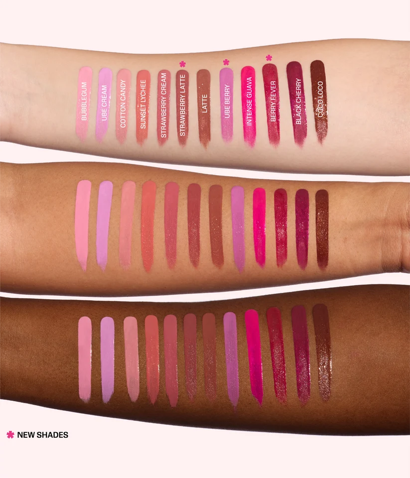 all shades of Huda Beauty Blush Filter Liquid Blush 4.5 ml soft-focus luminous liquid blush on different hand models tones 