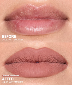 Close-up before-and-after comparison of lips wearing liquid matte mousse. The top shows natural pink lips labeled BEFORE, and the bottom shows muted dusty pink-brown lips labeled AFTER with shade name Bombshell Pinky Brown.