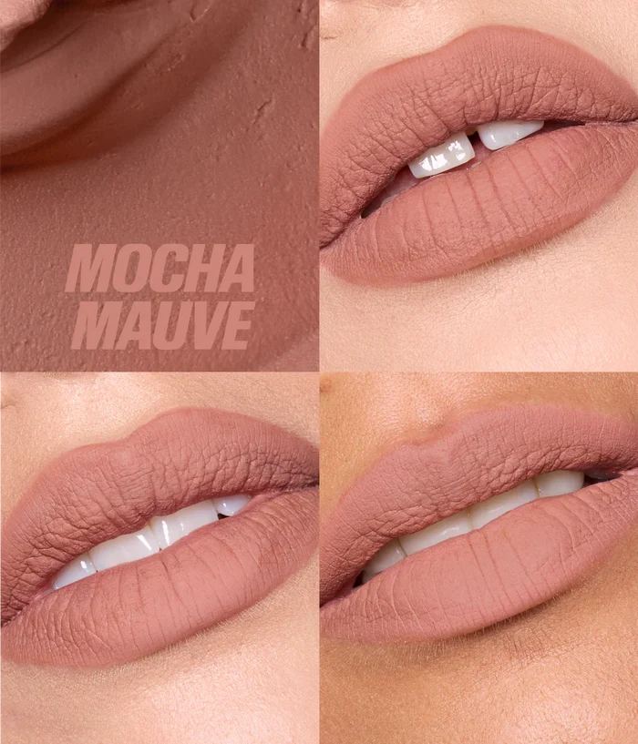 Lipstick shade swatch labeled 'Mocha Mauve' on a neutral background