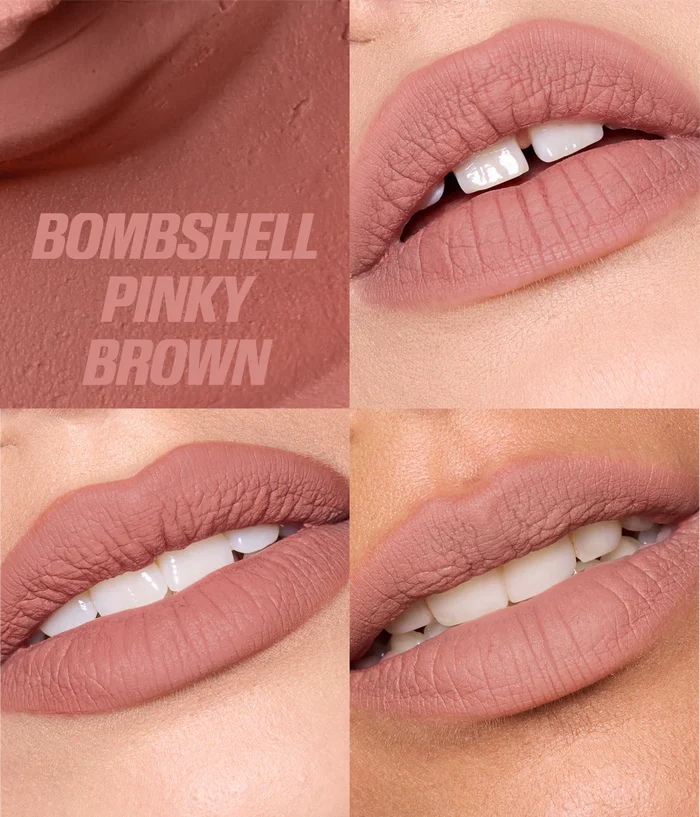 Four-panel close-up of lips wearing a matte dusty pink lipstick shade, with a large texture swatch panel in the top left labeled 'BOMBSHELL PINKY BROWN'.