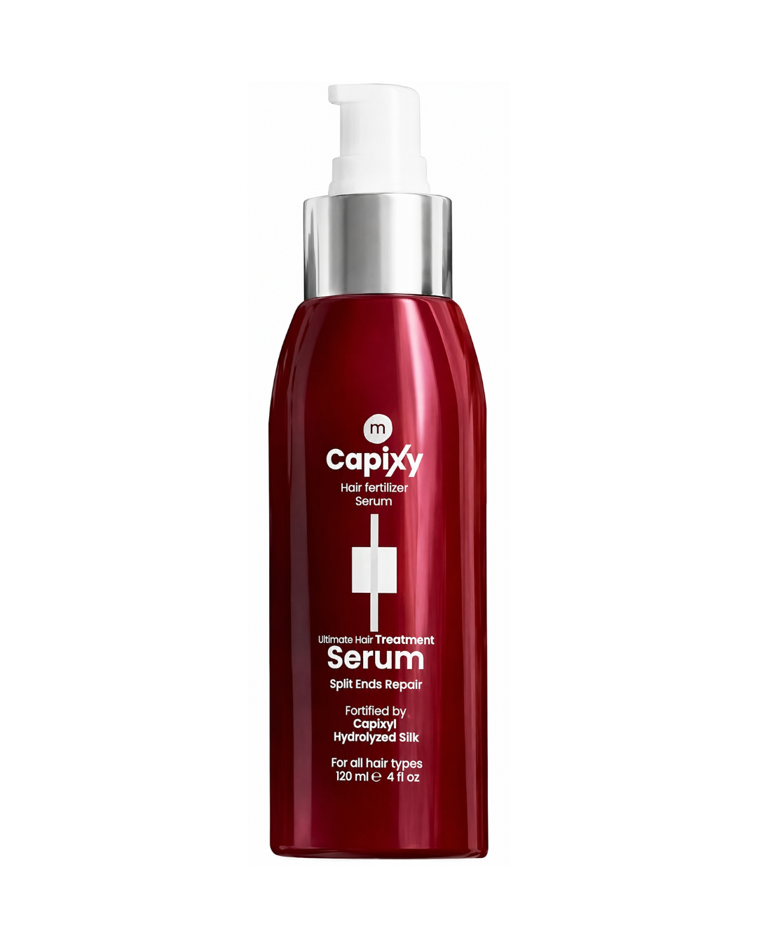 Capixy Red serum bottle with silver cap on a white background