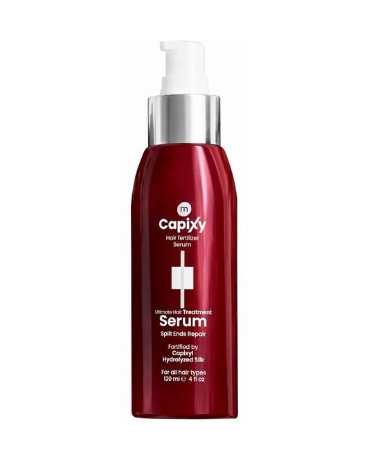 Capixy Red serum bottle with silver cap on a white background